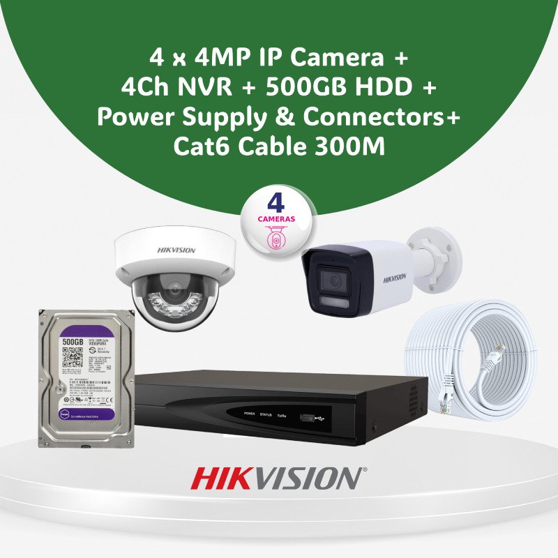 4MP IP CCTV Camera Bundle  Pack I Hikvision / Dahua / UNV Systems with 2 to 16 Cameras, NVR, Storage & CAT6 Cable