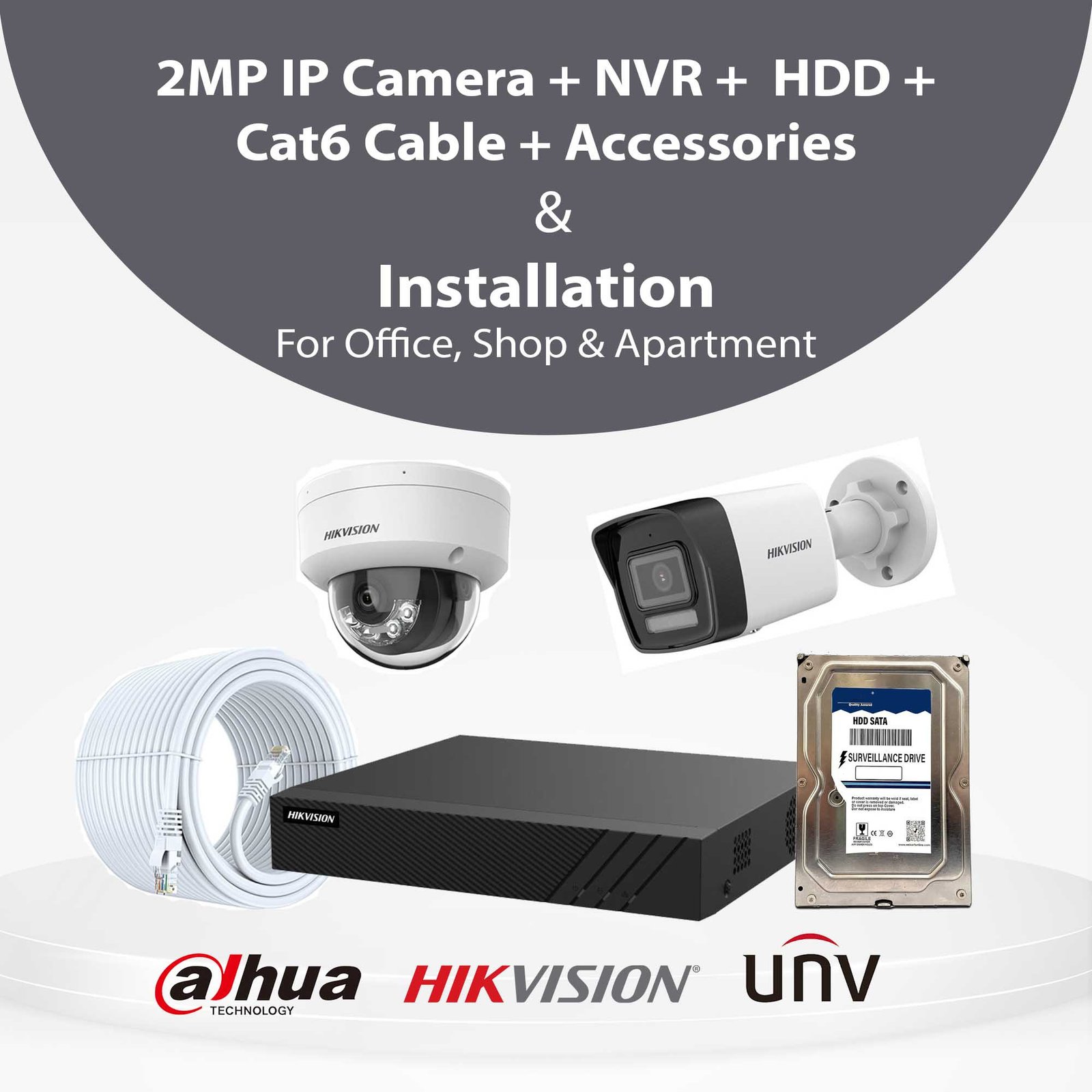 2MP IP CCTV Camera With Installation for Office, Shop & Apartment | Hikvision, Dahua & UNV