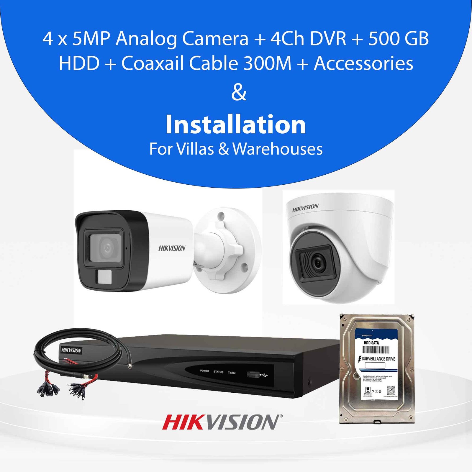 Hikvision 5MP Analog CCTV Camera With Installation Bundle I Villas & Warehouses I 4/8/16 Cameras