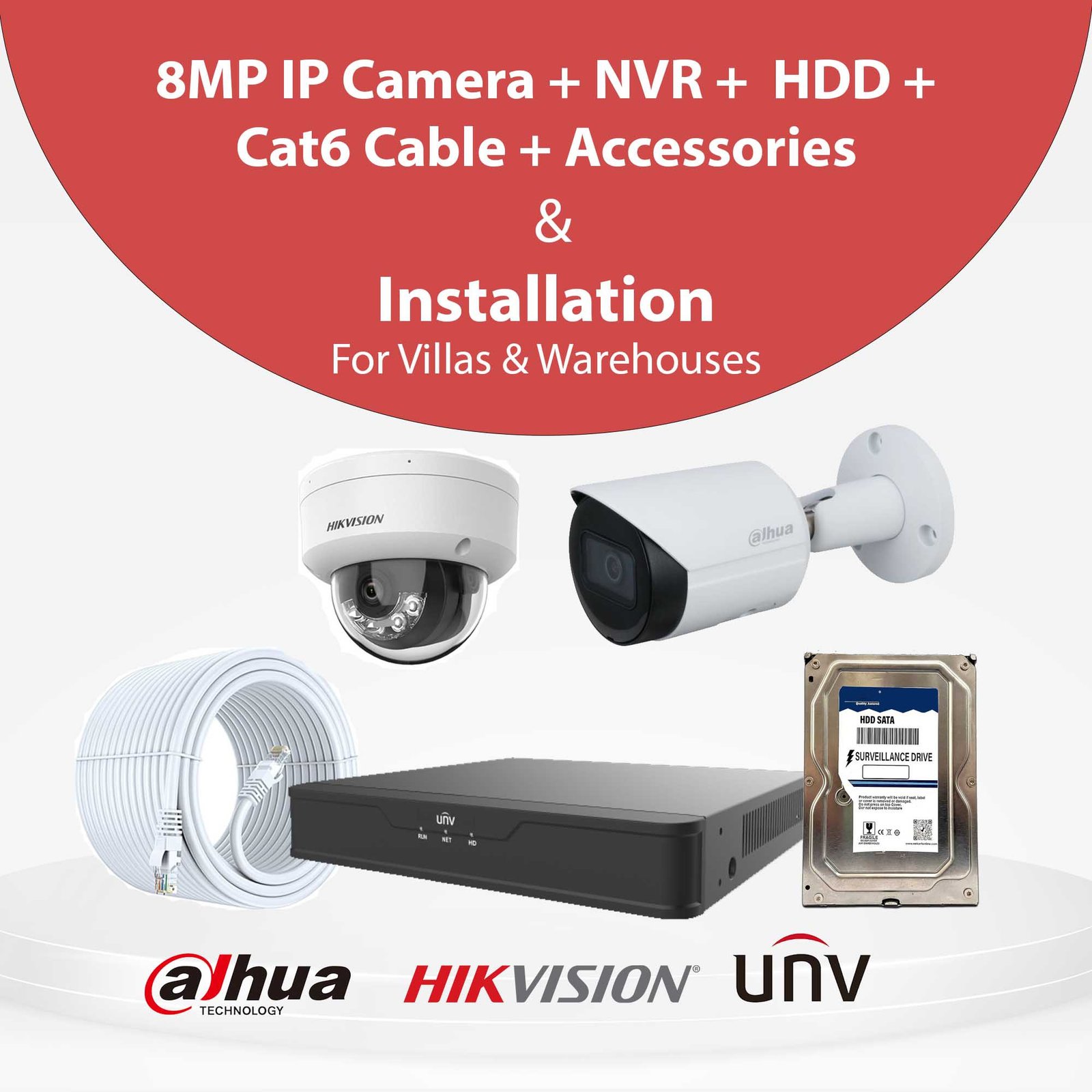 8MP IP CCTV Camera With Installation for Villa & Warehouse | Hikvision, Dahua & UNV