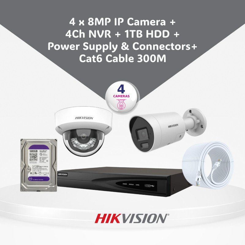 8MP (4K) IP CCTV Camera Bundle Pack I Hikvision / Dahua /UNV with 4/8 Cameras, NVR, Storage & CAT6 Cable