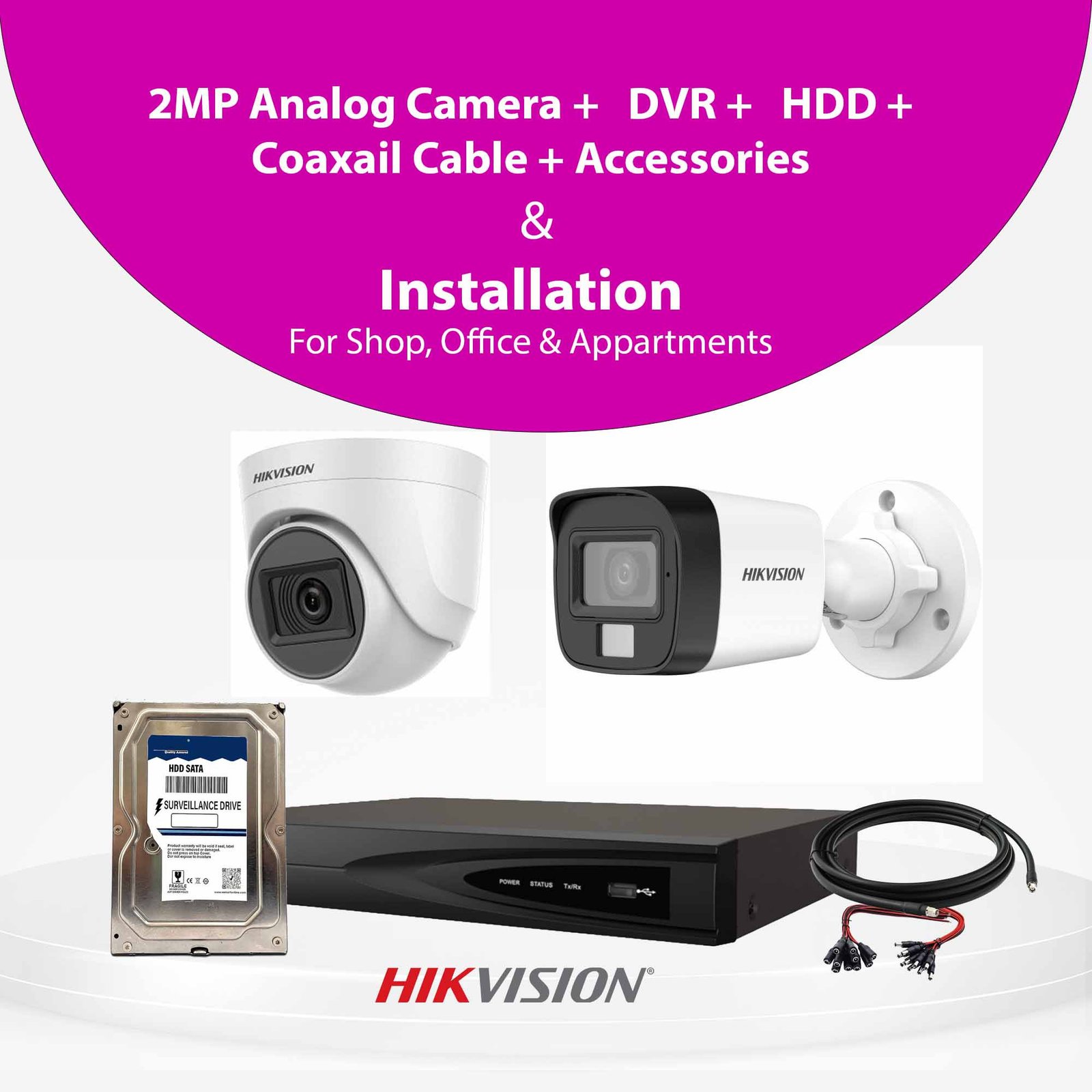 Hikvision 2MP Analog CCTV Camera With Installation for Office, Shop & Apartment | 4/8/16 Cameras