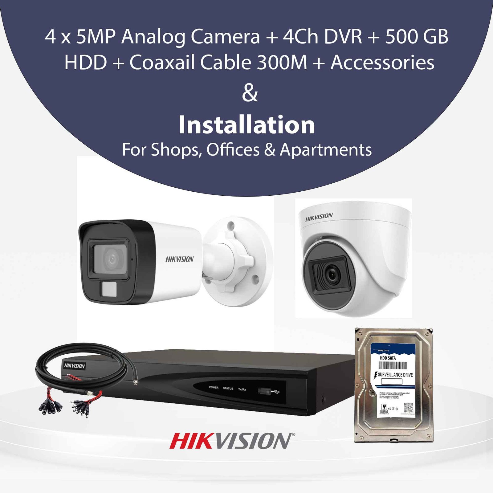 Hikvision 5MP Analog CCTV Camera With  Installation I Shops, Offices & Apartments I 4/8/16 Cameras
